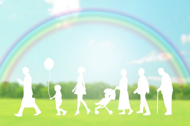 虹を背景に子供から老人までが歩いているイラスト