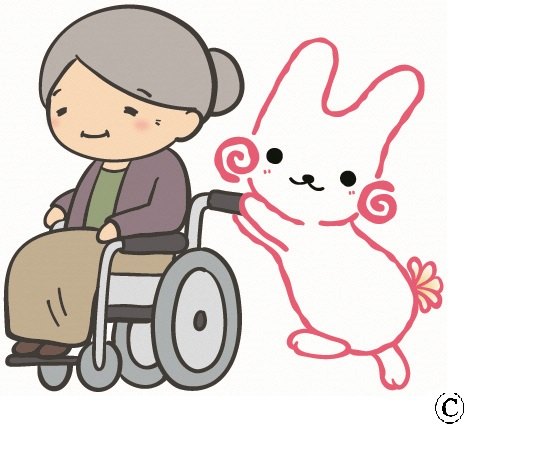 くるりんがおばあさんの車いすを押すイラスト